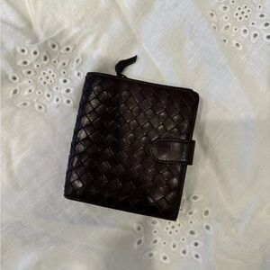 Bottega Veneta Woven Leather Zip & Snap Wallet - Dark Chocolate Brown